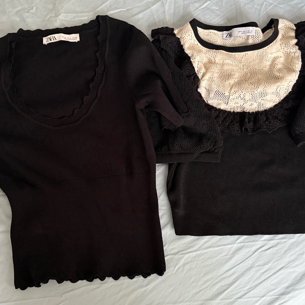 Zara Black and Cream Knit Tops with Scallop Trim